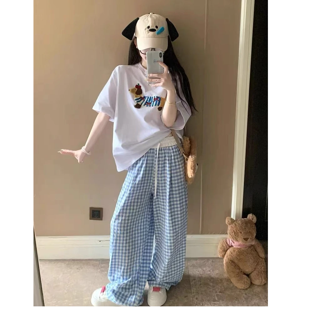 【现货+运费险】七色粉白撞色格子裤女2025显瘦宽松休闲ins拖地裤