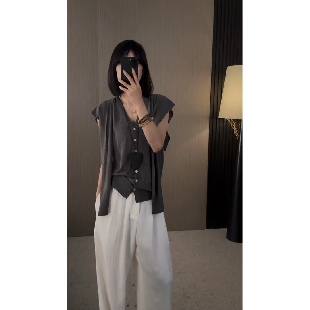 【ZZ严选】72282老钱风轻奢高级感披肩针织衫女无袖气质排扣上衣夏