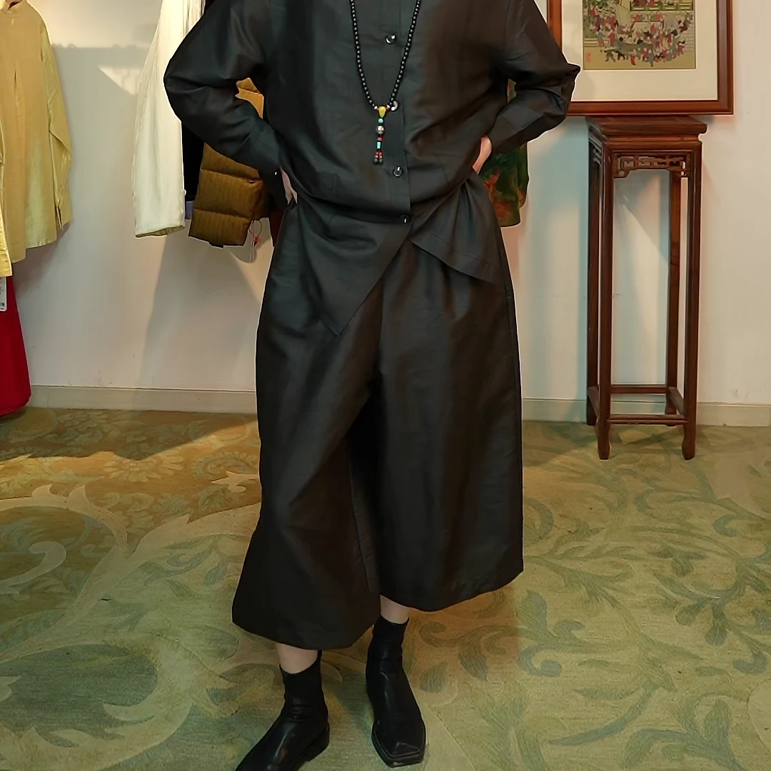 中国丝绸 双宫绸香云纱时尚百搭宽松设计师黑色显瘦阔腿裤LJH002