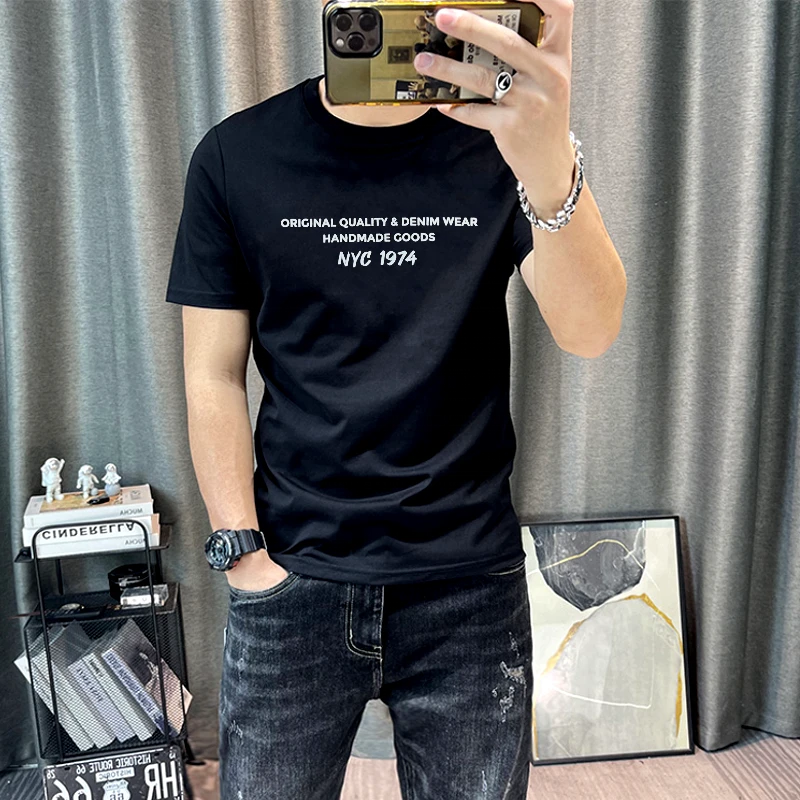 夏季简约字母印花潮流男士丝光棉短袖T恤韩版修身青年圆领半袖t恤