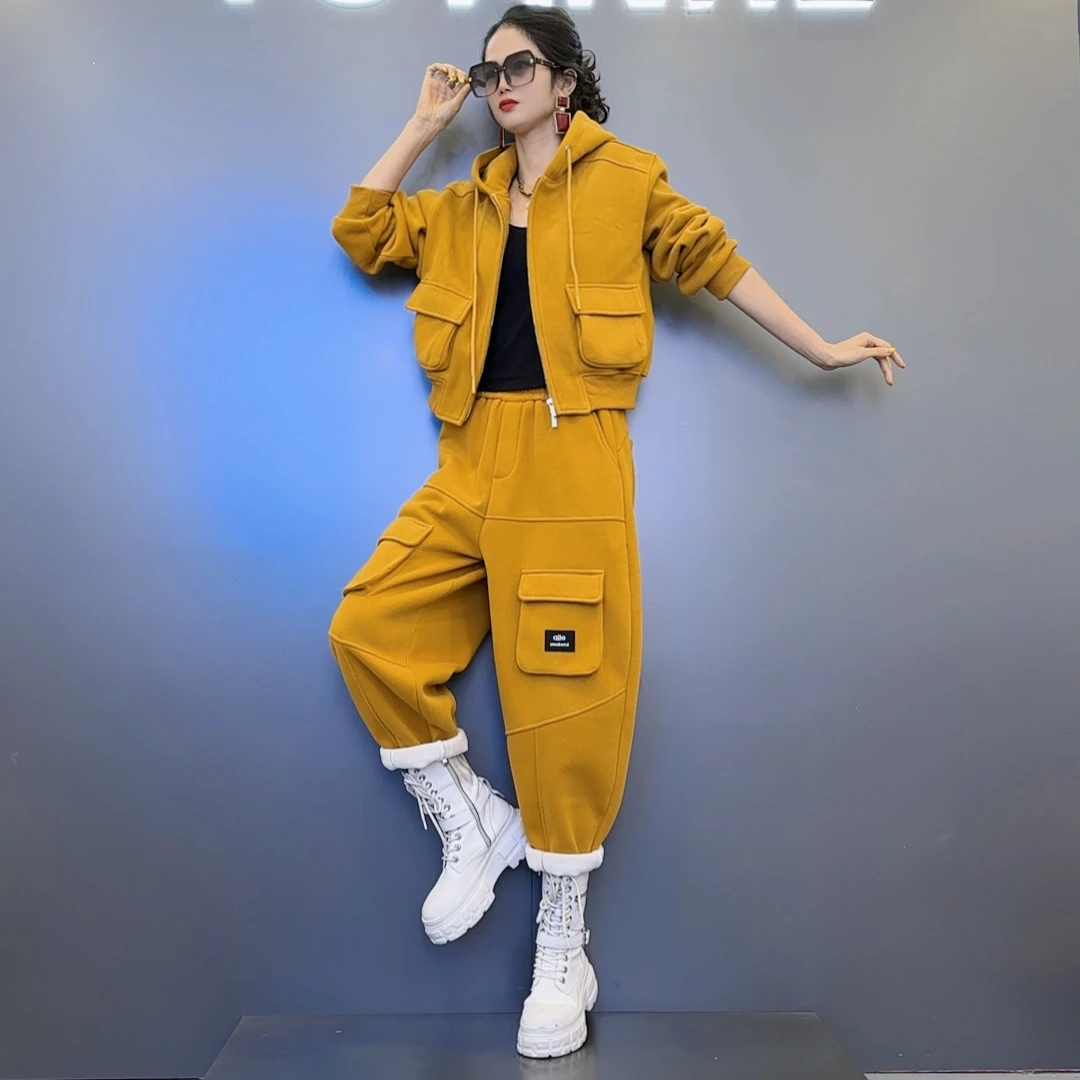 冬款加绒立体荷包口袋连帽外套-加绒线条对称口袋装饰裤子运动服