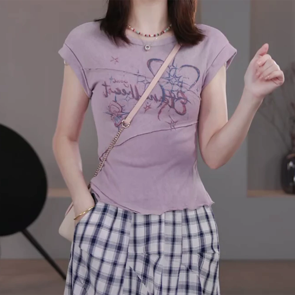 夏装2025年新款显瘦薄款紫色短袖T恤上衣C5637