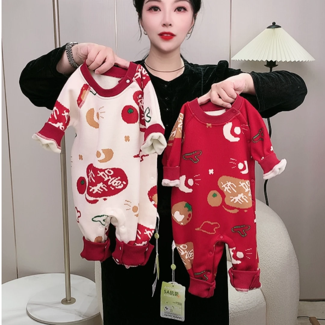 【1】针织加绒偏开婴幼儿连身衣宝宝打底无骨新生儿连体衣