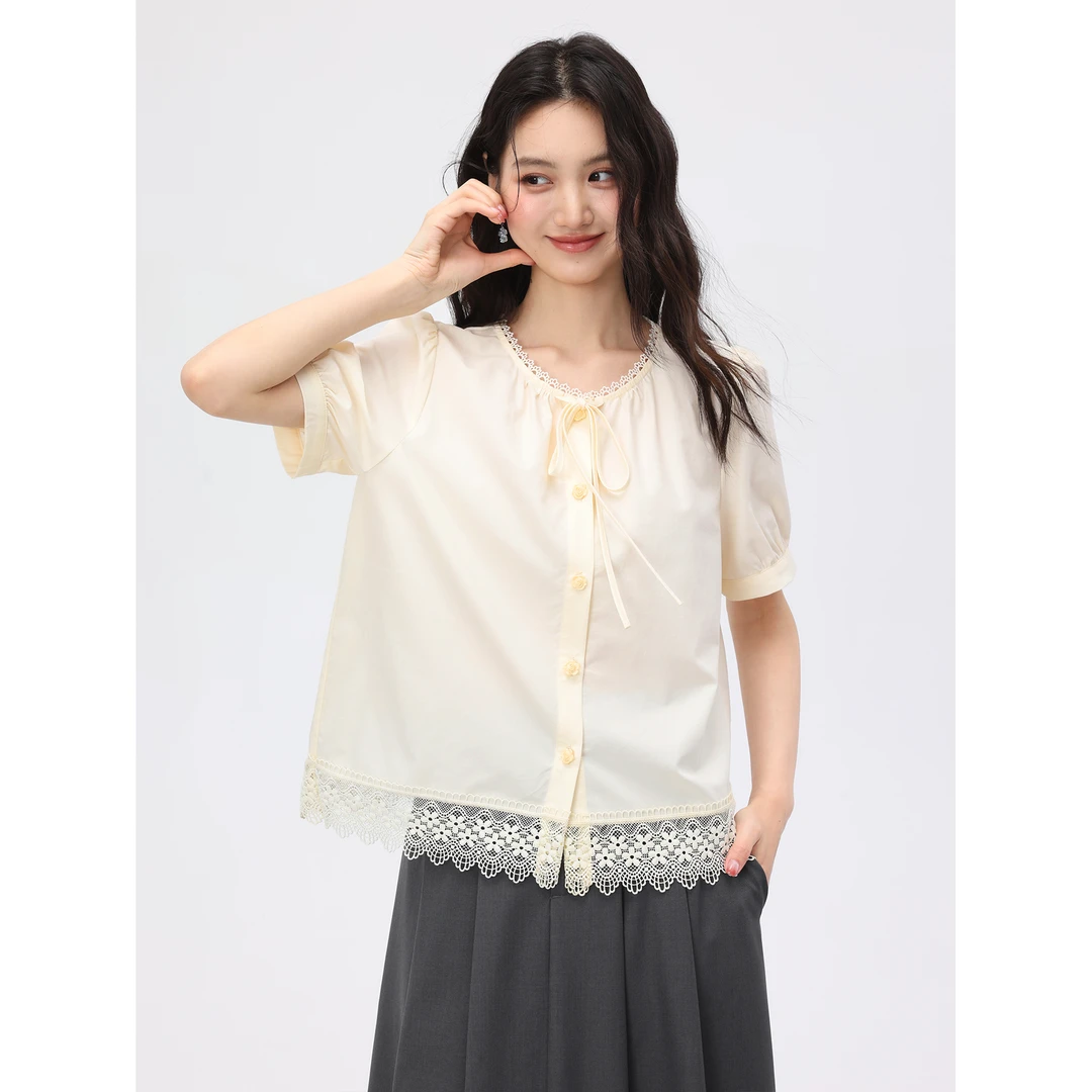 爱蔷薇大码2025新款正肩短袖衬衫女夏高级感蕾丝拼接上衣GT77419