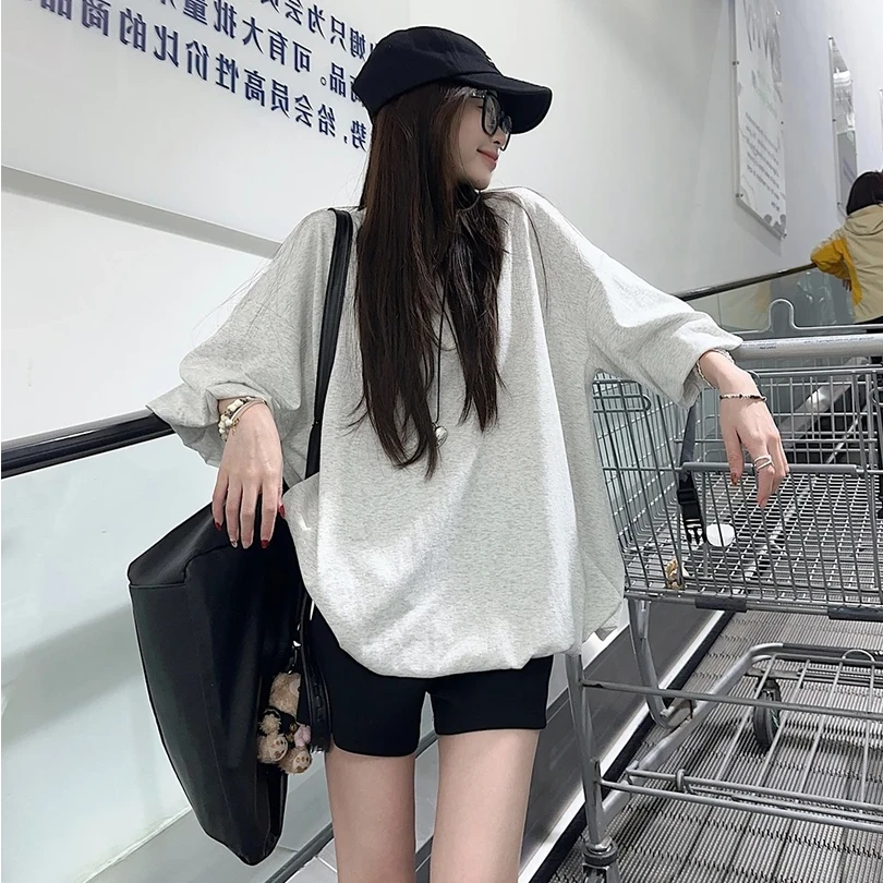 灰色圆领花苞短袖T恤简约女2025新款夏季休闲宽松百搭设计感上衣