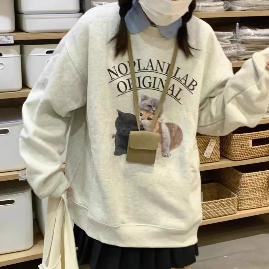 呆呆姐 NOP国潮猫咪直喷印花加绒圆领卫衣 INS风 正品福利款！