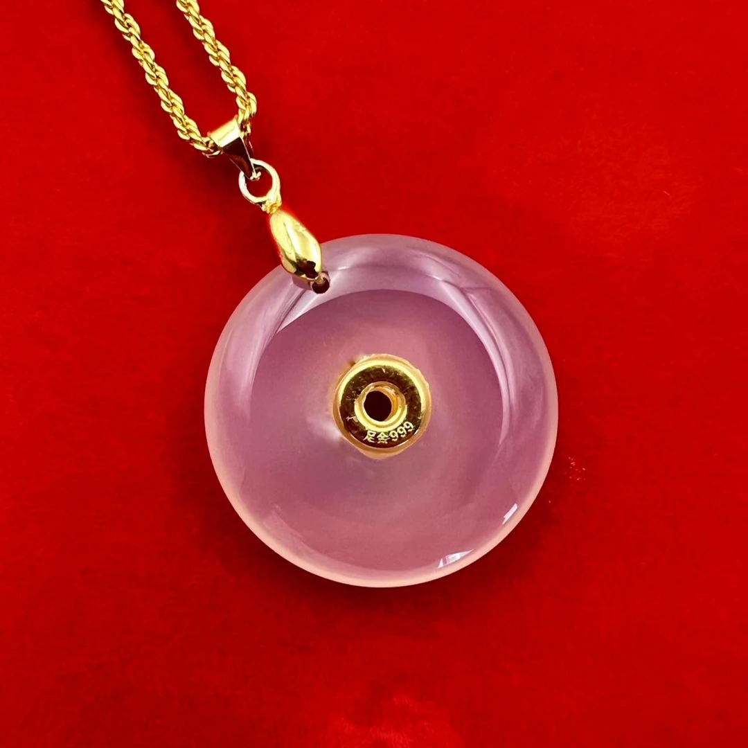 足金999金镶吊坠玉髓平安扣项链 送证书 礼盒