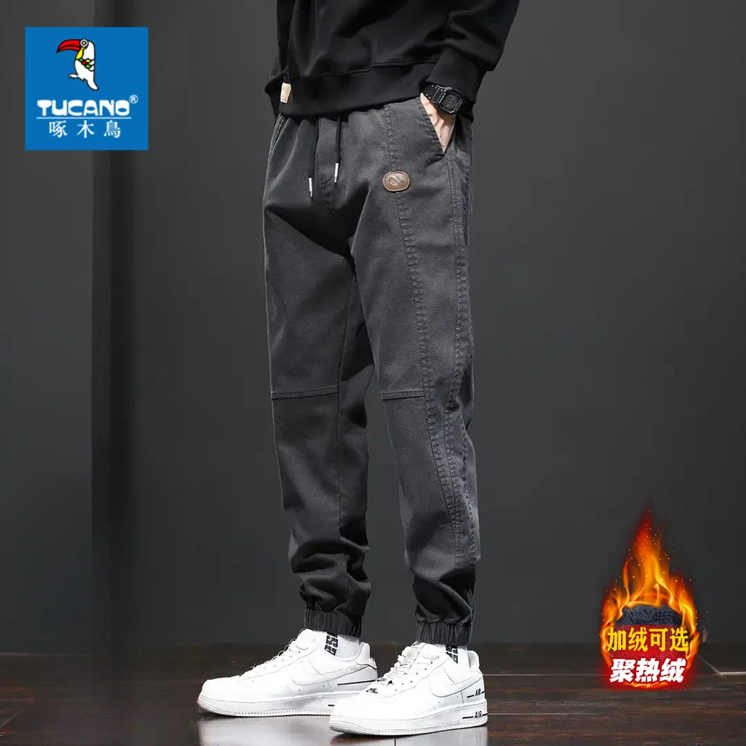 啄木鸟工装裤男士秋冬款加绒宽松百搭束脚修身显瘦大码休闲裤子男