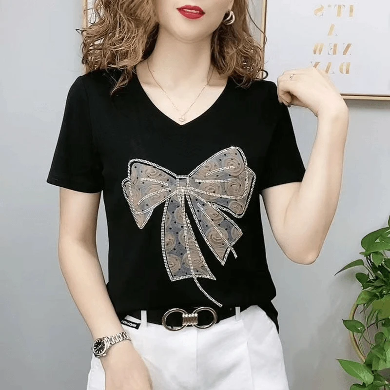 纯欲慵懒风女装甜美可爱风格衣服薄款女士短袖T恤女印花烫钻V领上