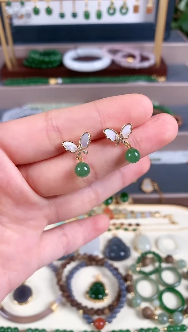 银S925镶嵌和田玉耳饰1