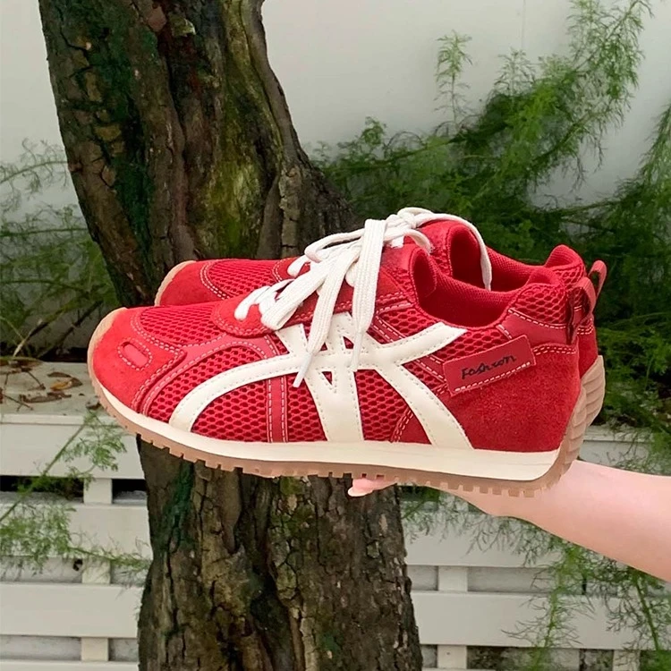 时尚百搭软底网面透气德训鞋女2025夏季新款红色运动休闲阿甘鞋潮