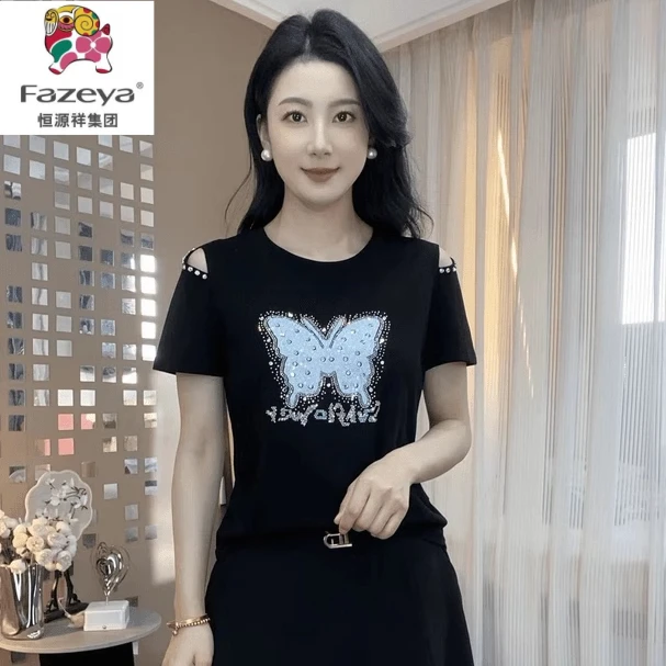 恒源祥彩羊2025时尚蝴蝶钉珠镂空显瘦圆领短袖中老年女装妈妈装