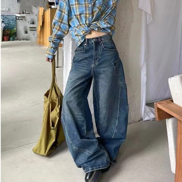 【粉丝专属】设计感弯刀工装牛仔裤女春夏复古高腰宽松阔腿拖地裤子