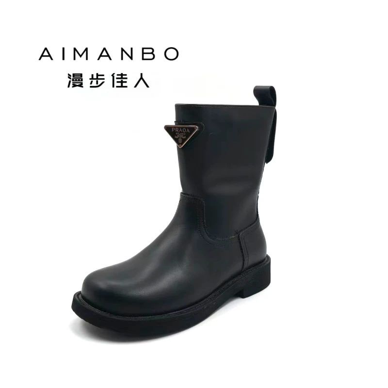 皮革女士中筒靴三角标酷飒经典2617576