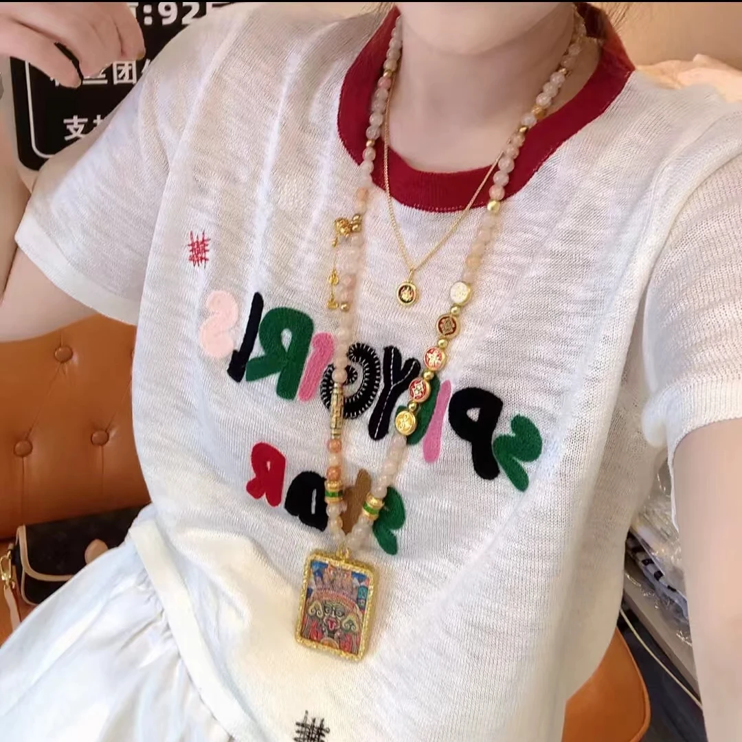 夏季高档彩色字母纯色圆领短袖洋气时尚气质显瘦宽松遮肉减龄上衣