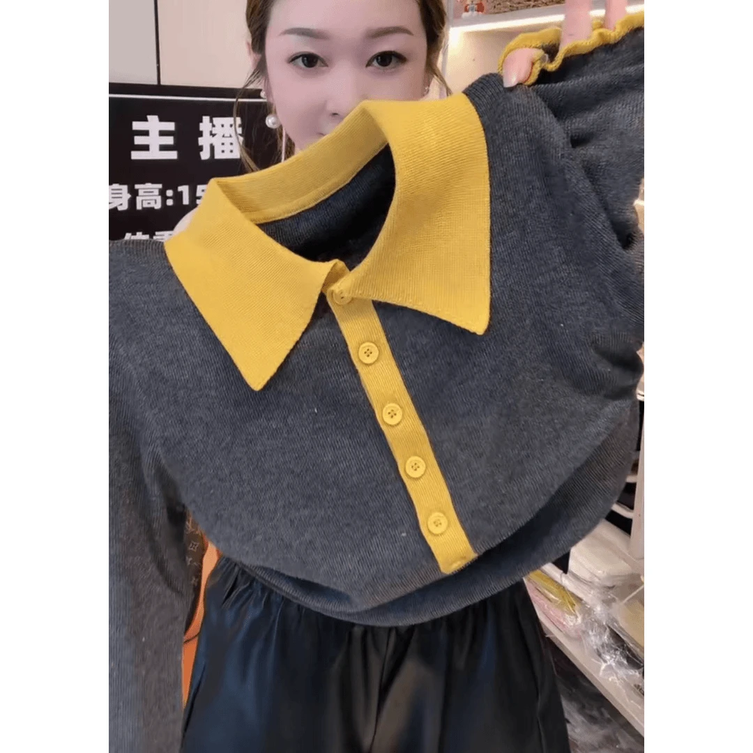 大码POLO领打底针织衫女秋季新款胖妹妹宽松显瘦百搭减龄上衣洋气