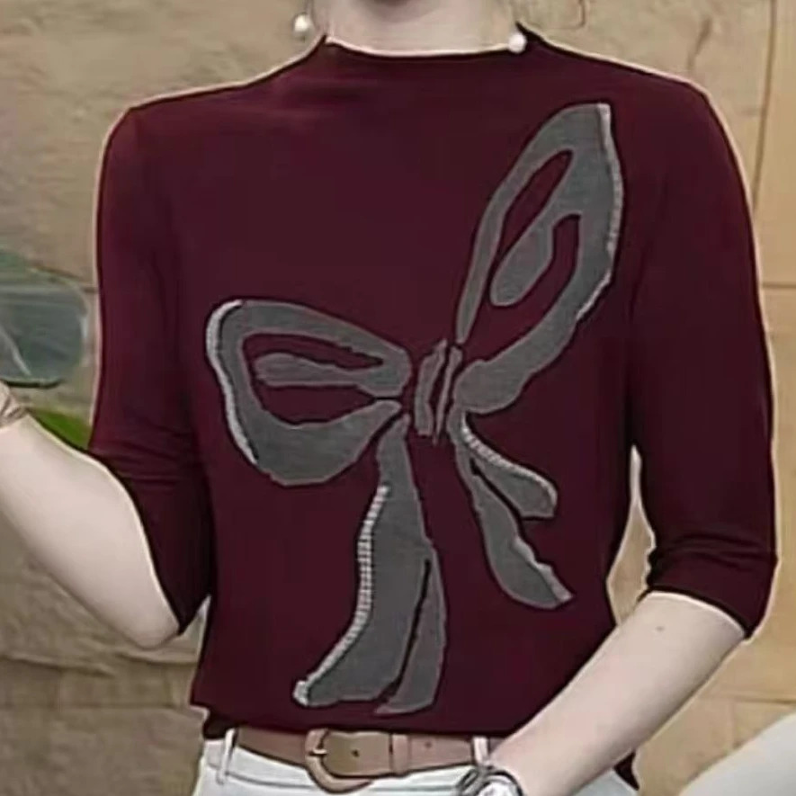 【新款福利】时尚蝴蝶结莫代尔棉长袖打底衫秋衣显瘦洋气百搭气质