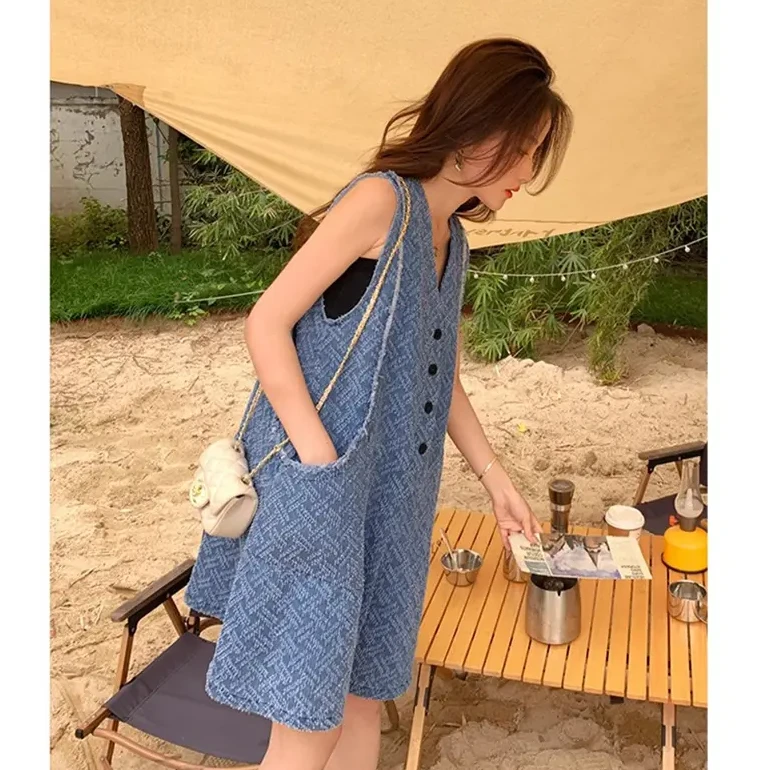 无袖背心牛仔连体裤女夏减龄俏皮甜美韩系设计感小个子森系连体衣