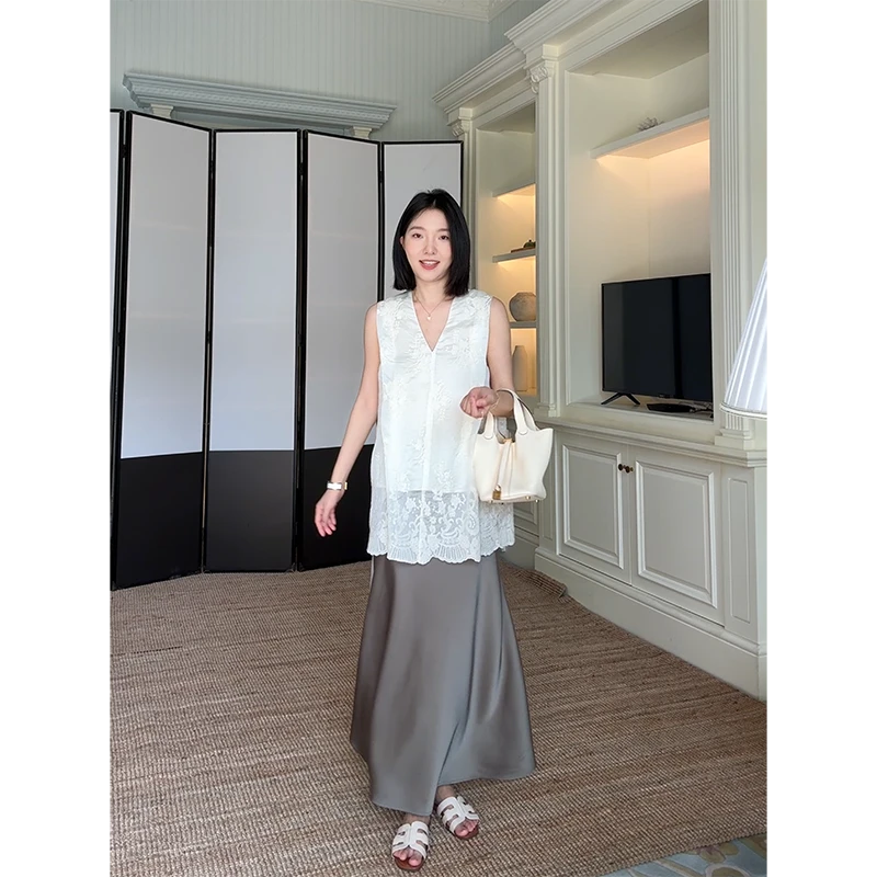 郭九九呢 天丝棉绣花前后两穿无袖上衣鱼尾半身裙 G925A06678-1