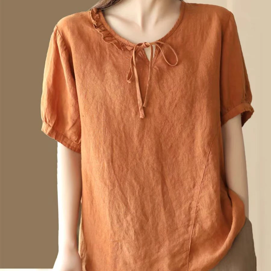 【 现货+当天发】夏季棉麻衬衫宽松纯色大码气质显瘦短袖上衣322