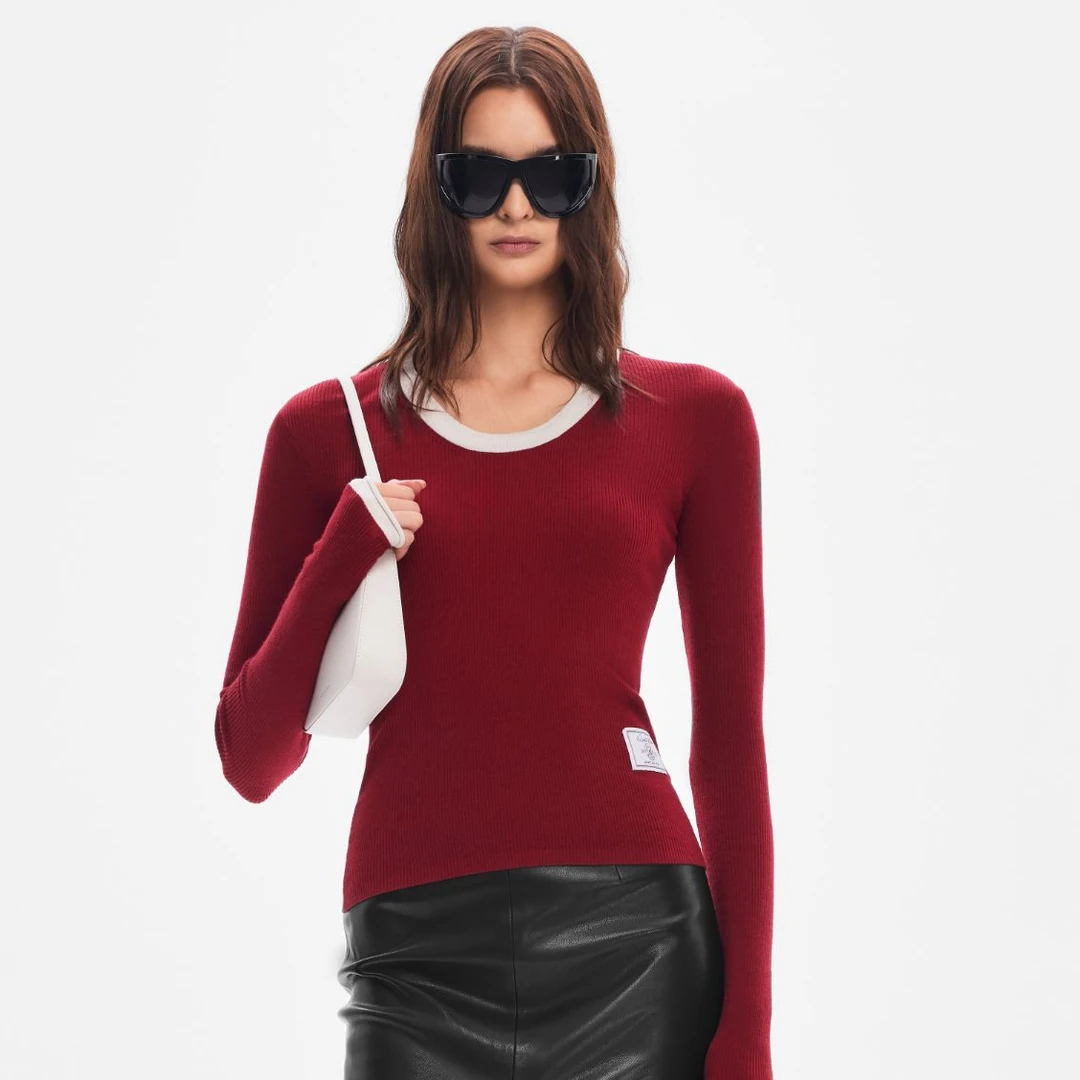 CALLED BACK新款百搭时尚撞色修身拼接U领打底长袖撞色上衣243500