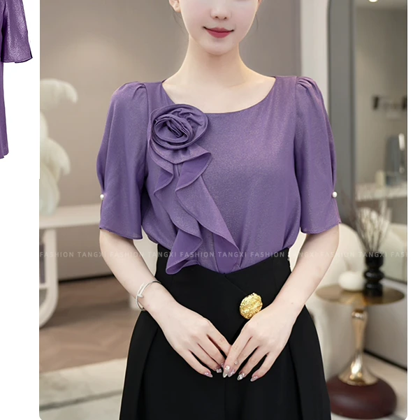 现货2025夏季新款【Q24-X288】高级感轻奢气质小众紫色洋气衬衫上衣