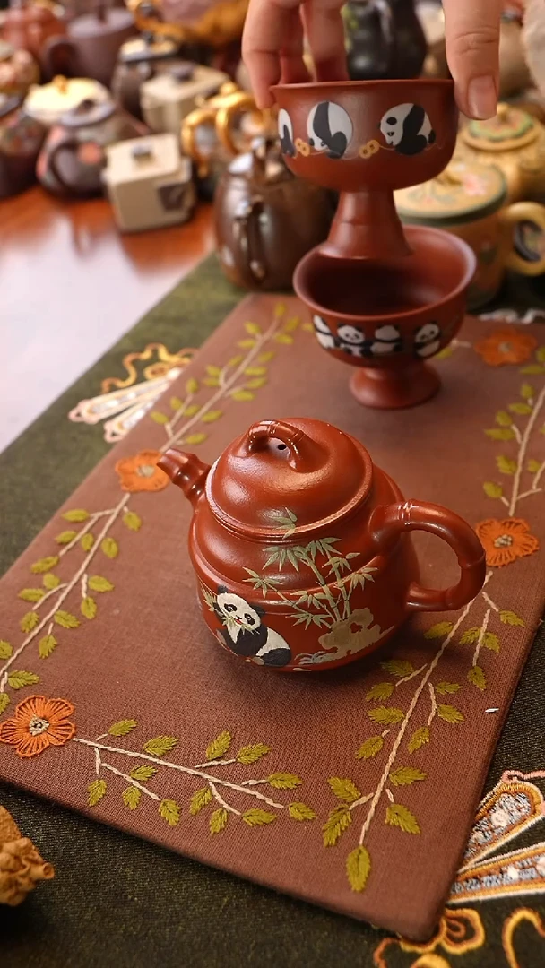 茶壶紫砂朱泥熊猫竹鼎