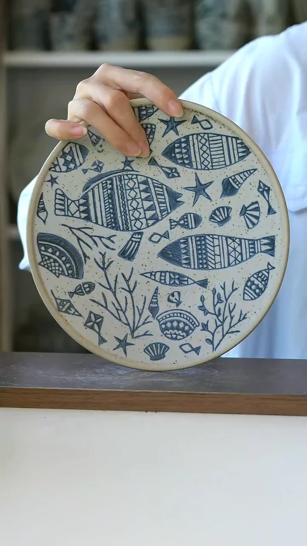粗陶手绘海底世界早餐盘21cm@4-2@