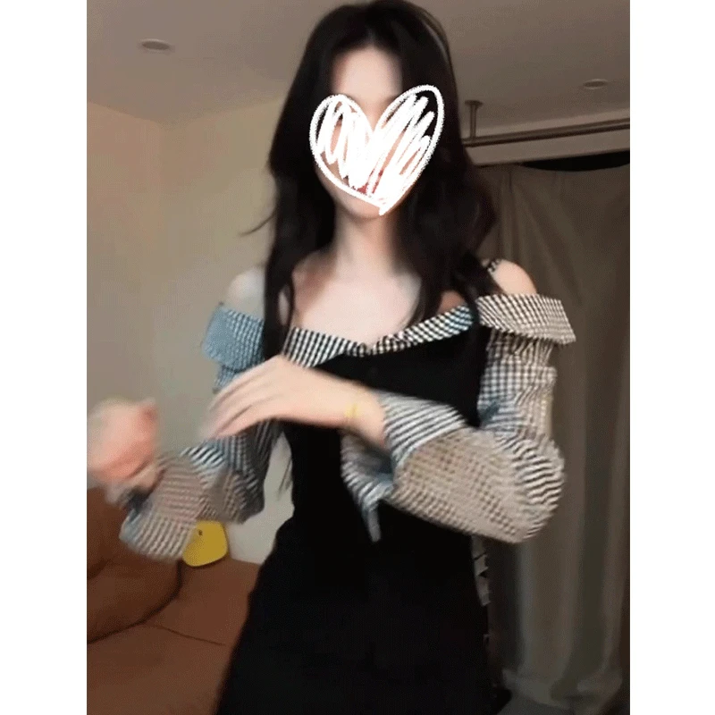 固质格子拼接假两件露肩长袖T恤女秋季韩系修身显瘦收腰绝美上衣