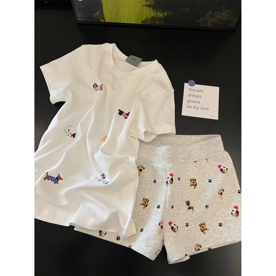 韩版可爱小狗印花睡衣套装女士夏季新款亲肤舒适短袖短裤家居服