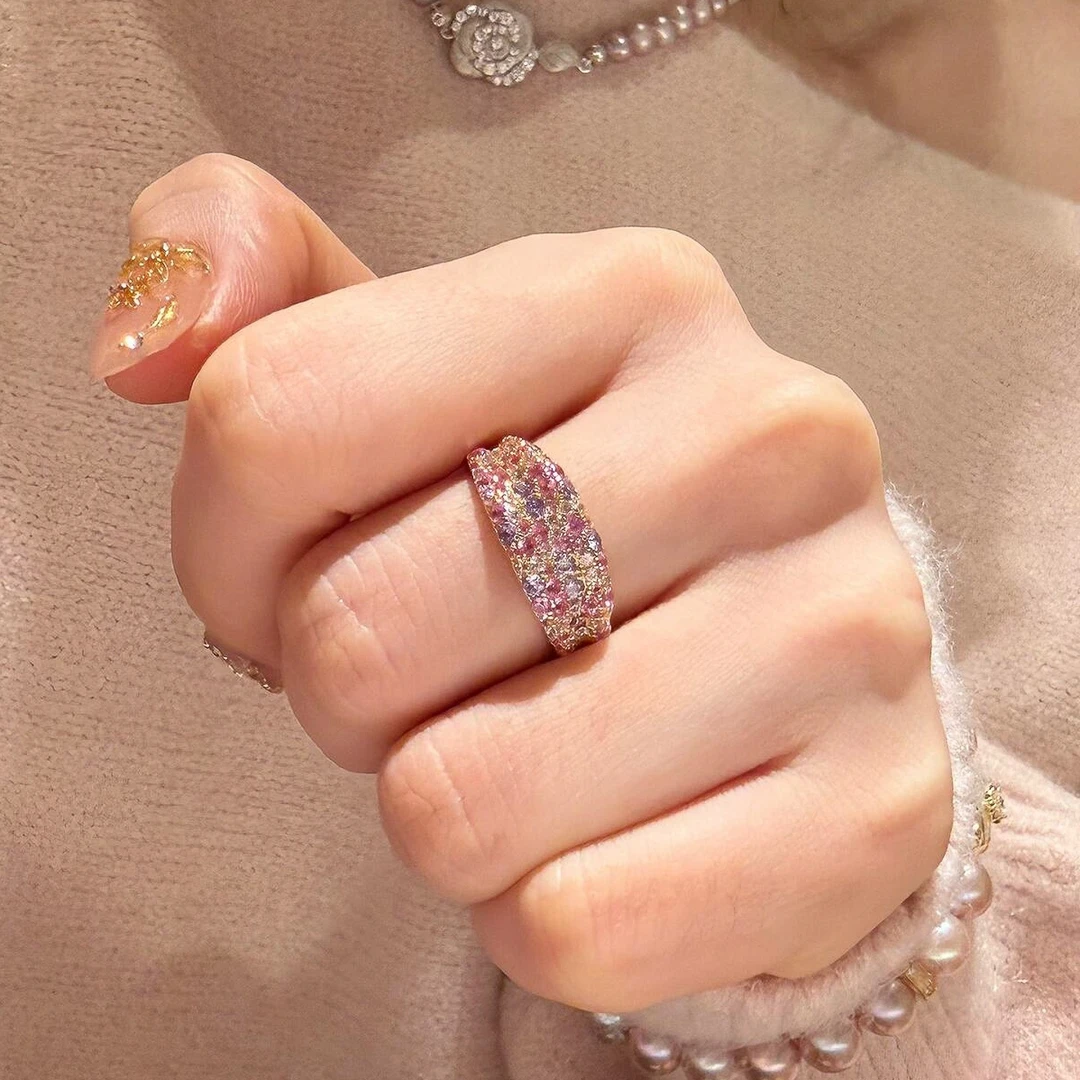 铜合金戒指 爆闪粉紫色椭圆戒指女时尚百搭轻奢高级感开口食指戒
