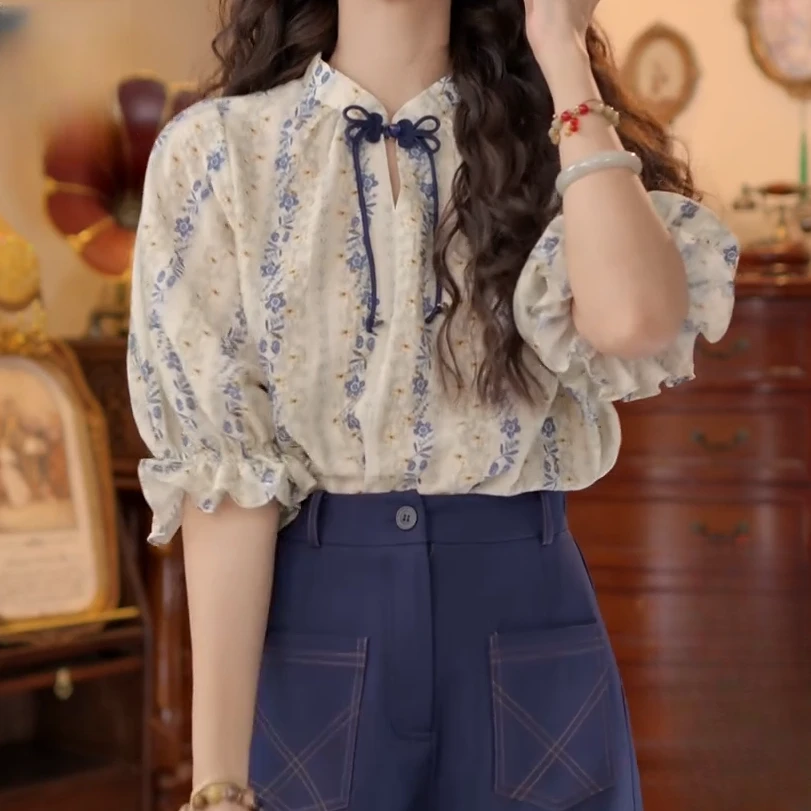 【景泰蓝瓷】复古港风短袖夏季宽松女衬衫百搭上衣C5207