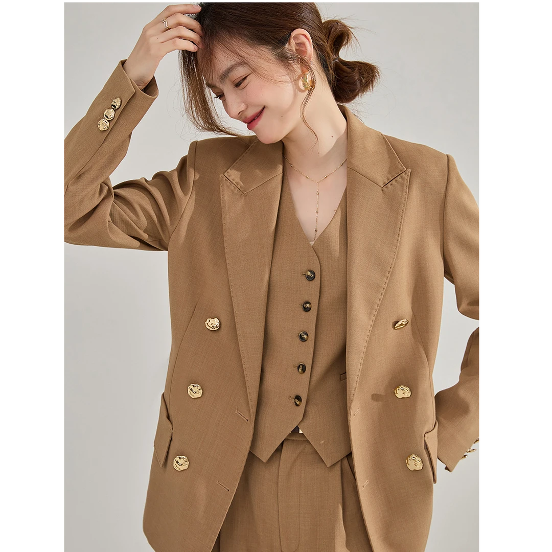 新款M家双排扣廓形感翻领修身时尚职业正装西服外套女22338
