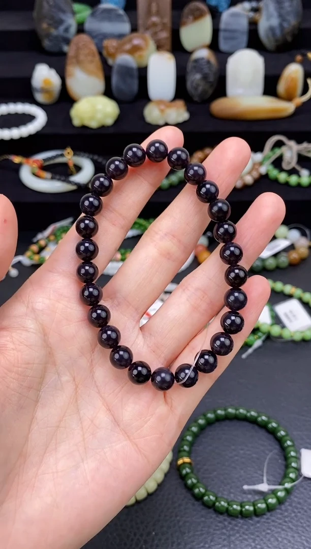 未镶嵌和田玉挂件8mm烟紫圆珠手串