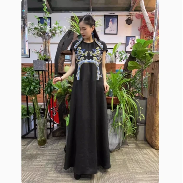 【娇娇美娇】娑尔黑底蓝金龙水波纹刺绣连衣裙SF2SB02135