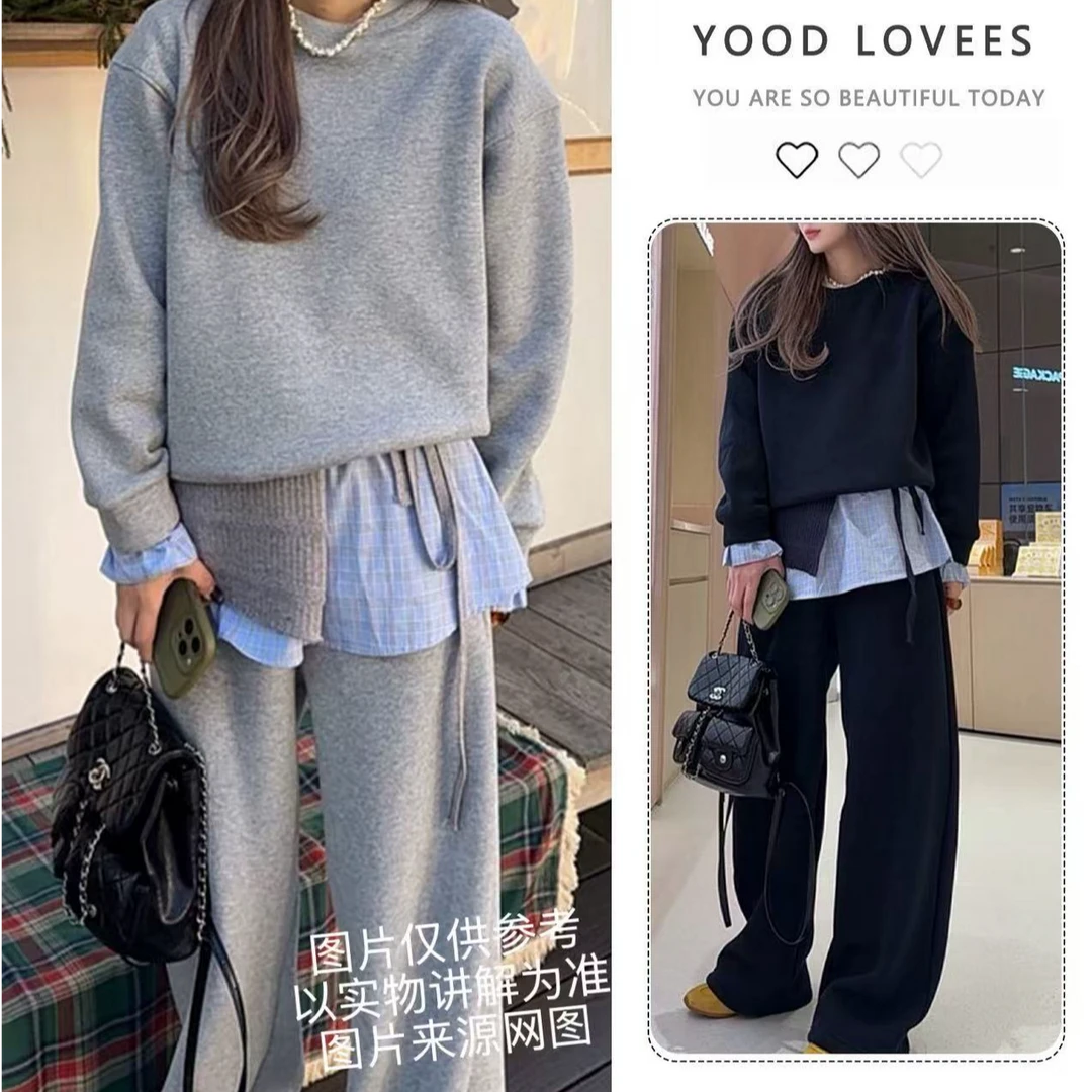 2025大码女装复古拼接假两件格子屁帘薄绒卫裤三件套