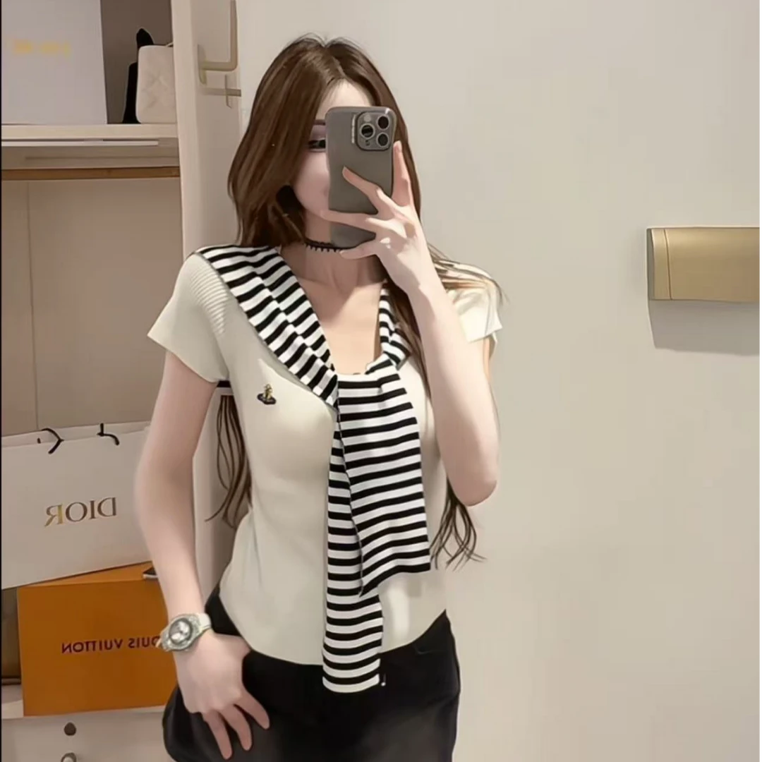 4949# 韩版条纹披肩2件套上衣