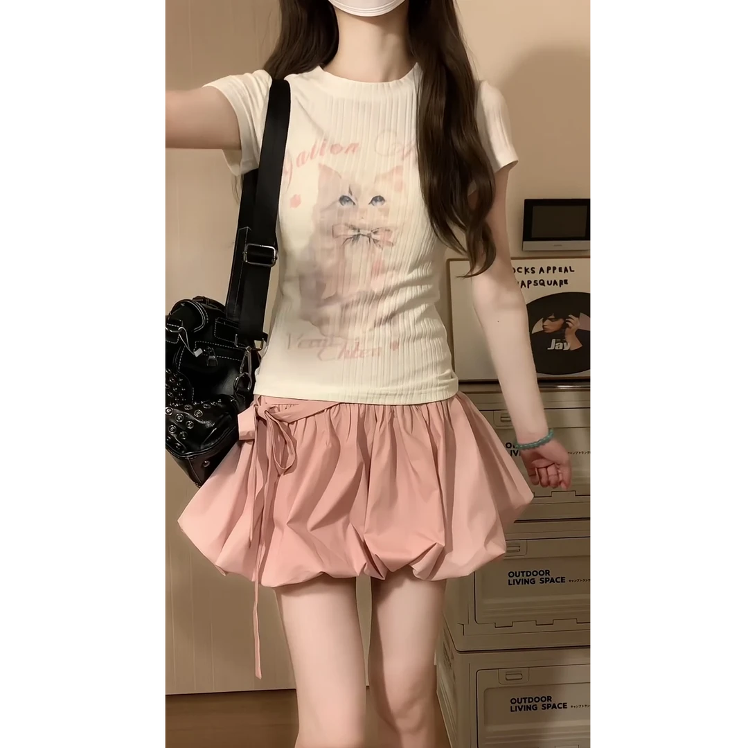 2025夏季新款甜美风复古卡通猫咪印花短袖上衣高腰显瘦花苞半身裙
