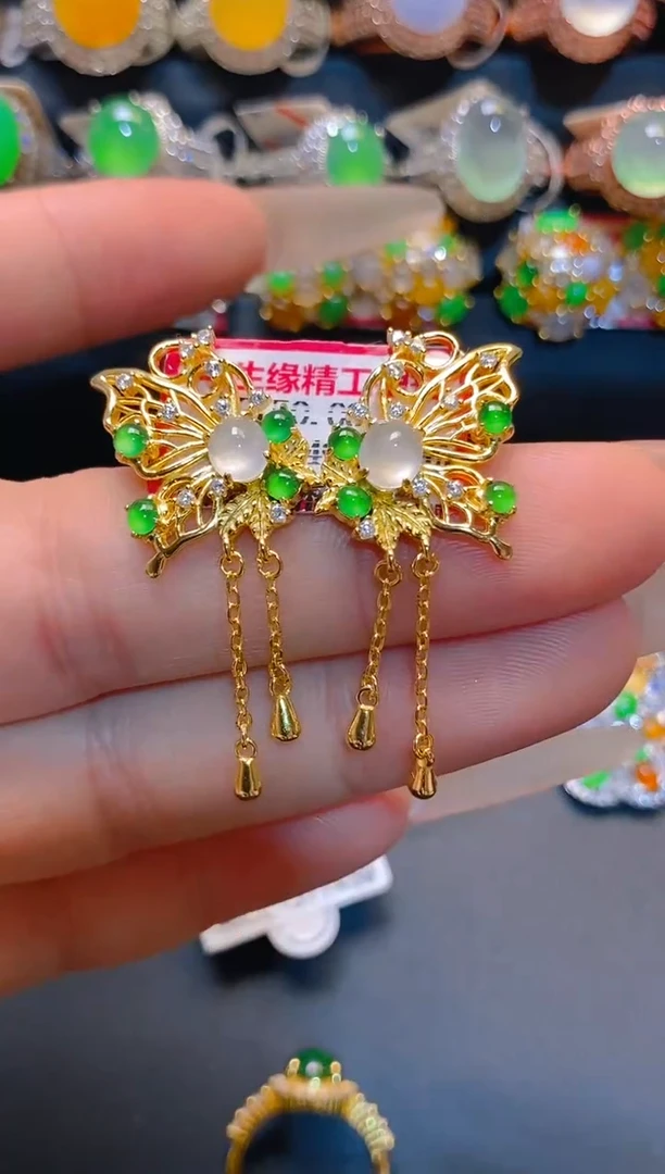 翡翠银S925镶嵌耳饰佳*天然