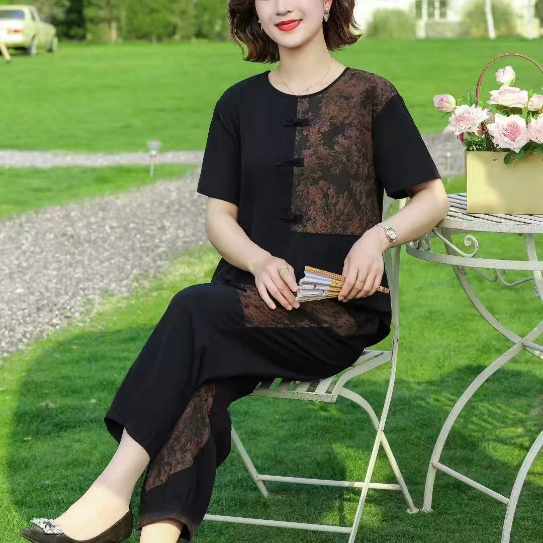 2025新款妈妈装奶奶装套装中式复古夏季休闲女士大码套装宽松薄款