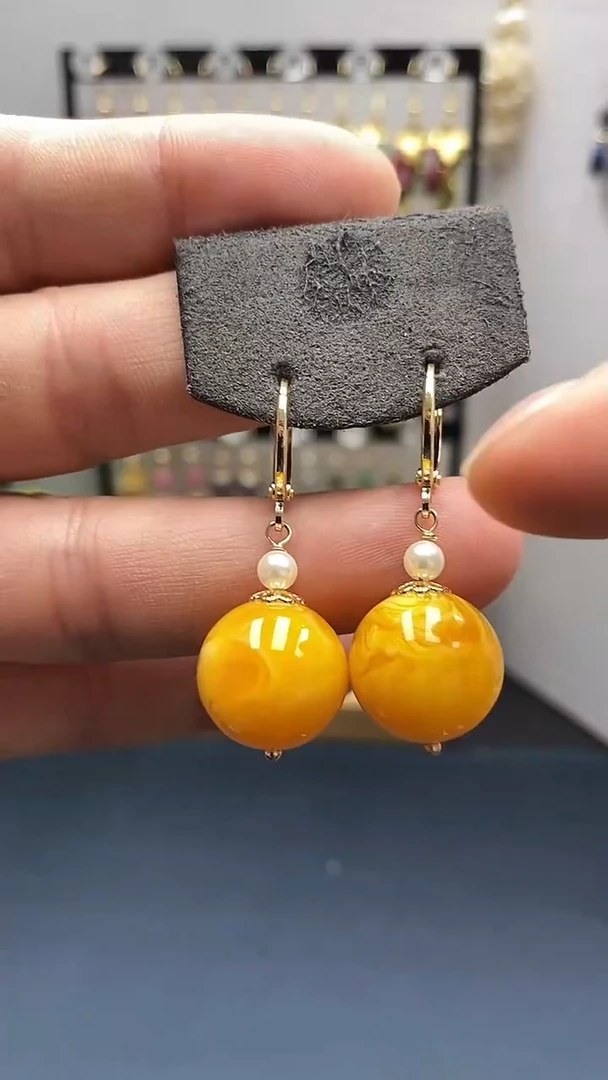 【闪购商品】蜜蜡耳饰银S925镀金镶嵌尺寸16mm耳扣06