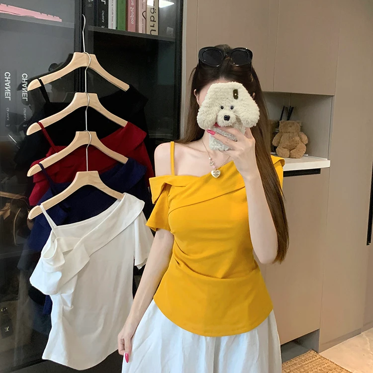 2025夏装新款胖mm大码女装时尚纯欲风斜领吊带别致短袖T恤上衣