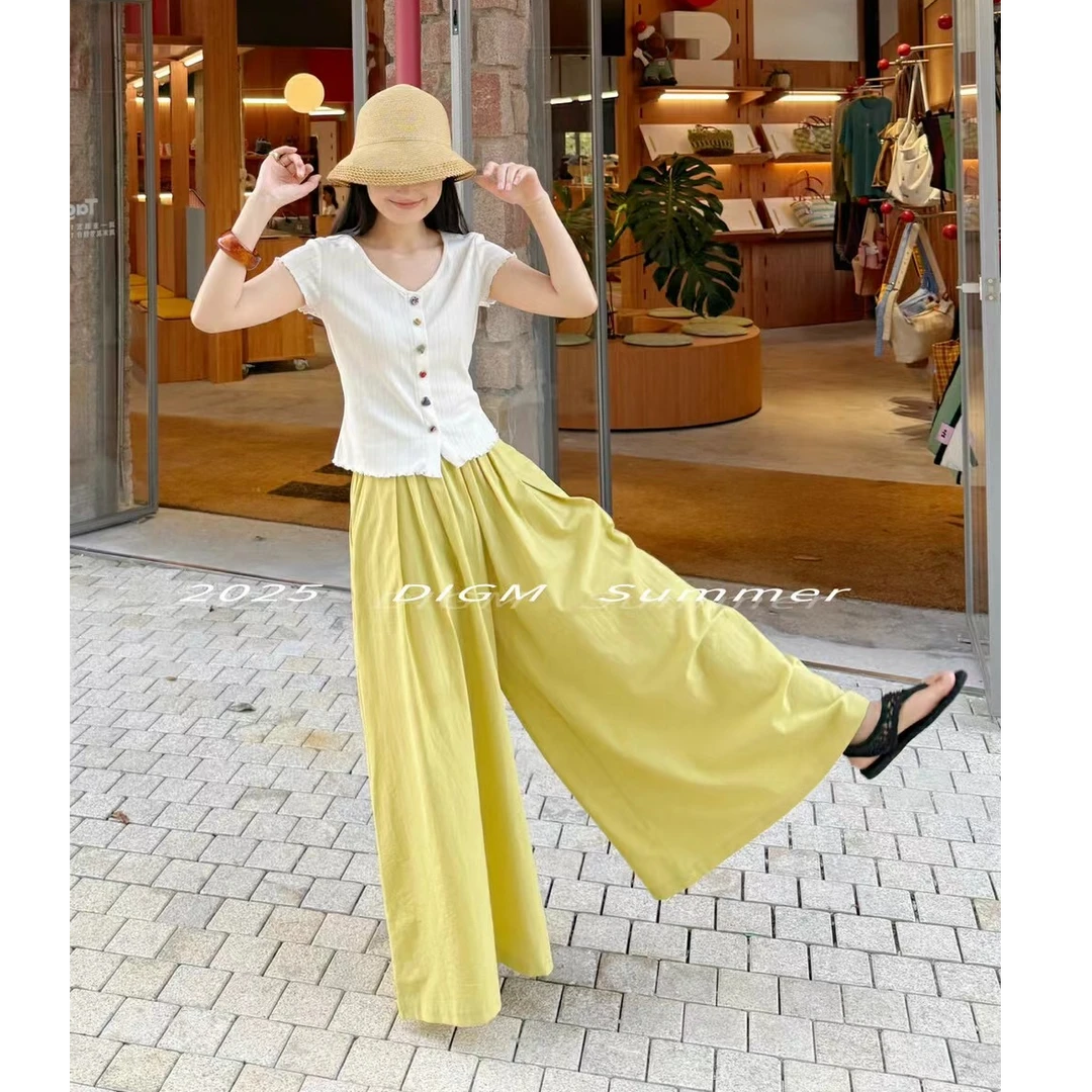 冰糖露露子2025夏季新款韩系百搭垂感松紧高腰宽松显瘦阔腿长裤女