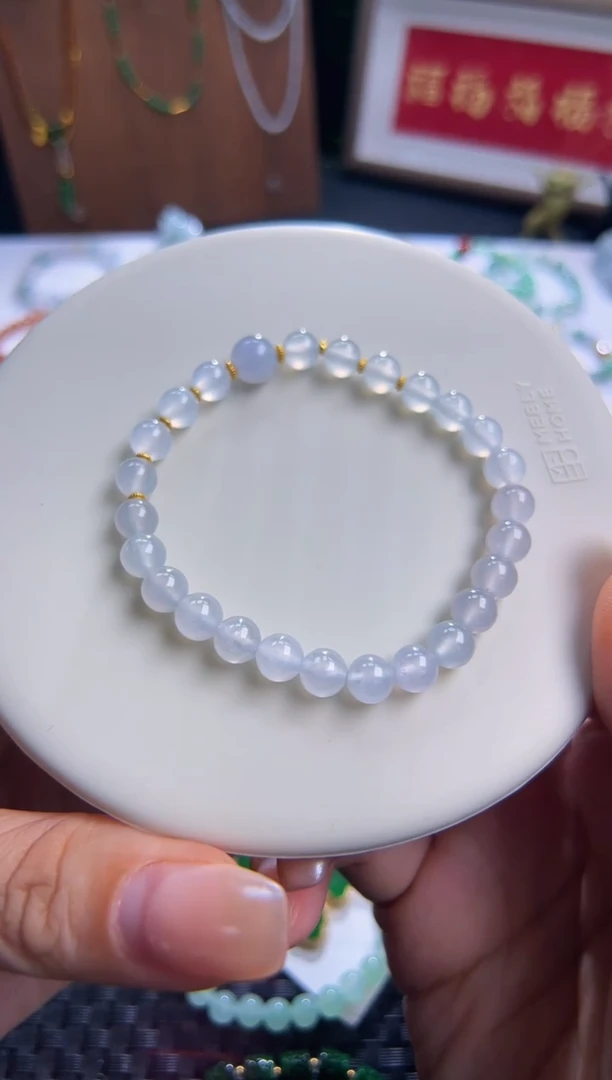 足金镶嵌手串翡翠正冰白月光系列！卡6.5到8正冰起光圆珠！巨漏！