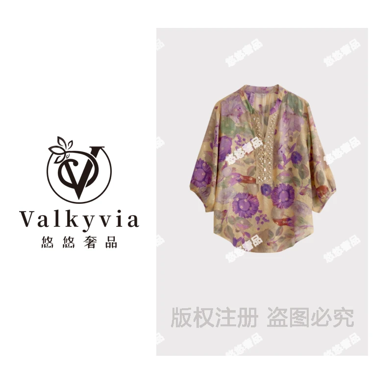 【Valkyvia/悠悠奢品】桑蚕丝复古文艺大朵花卉印花上衣msl449