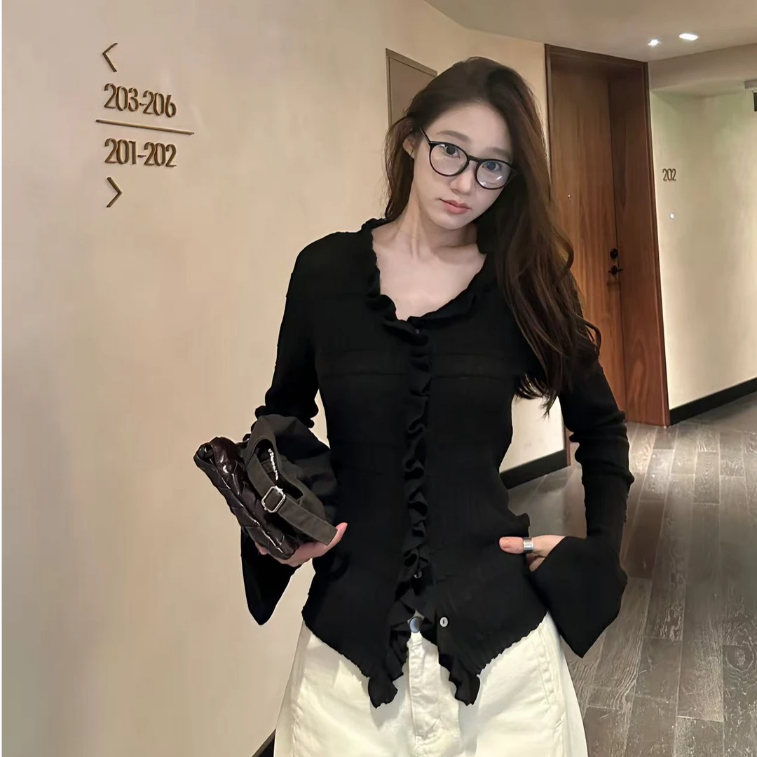 LA 定染咖  木耳边 褶皱 修身针织上衣  32028