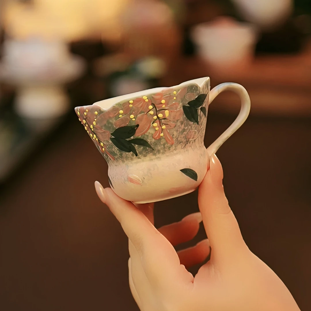 紫烟全手绘釉下彩女士精致优雅陶瓷茶具提把杯（100ml）