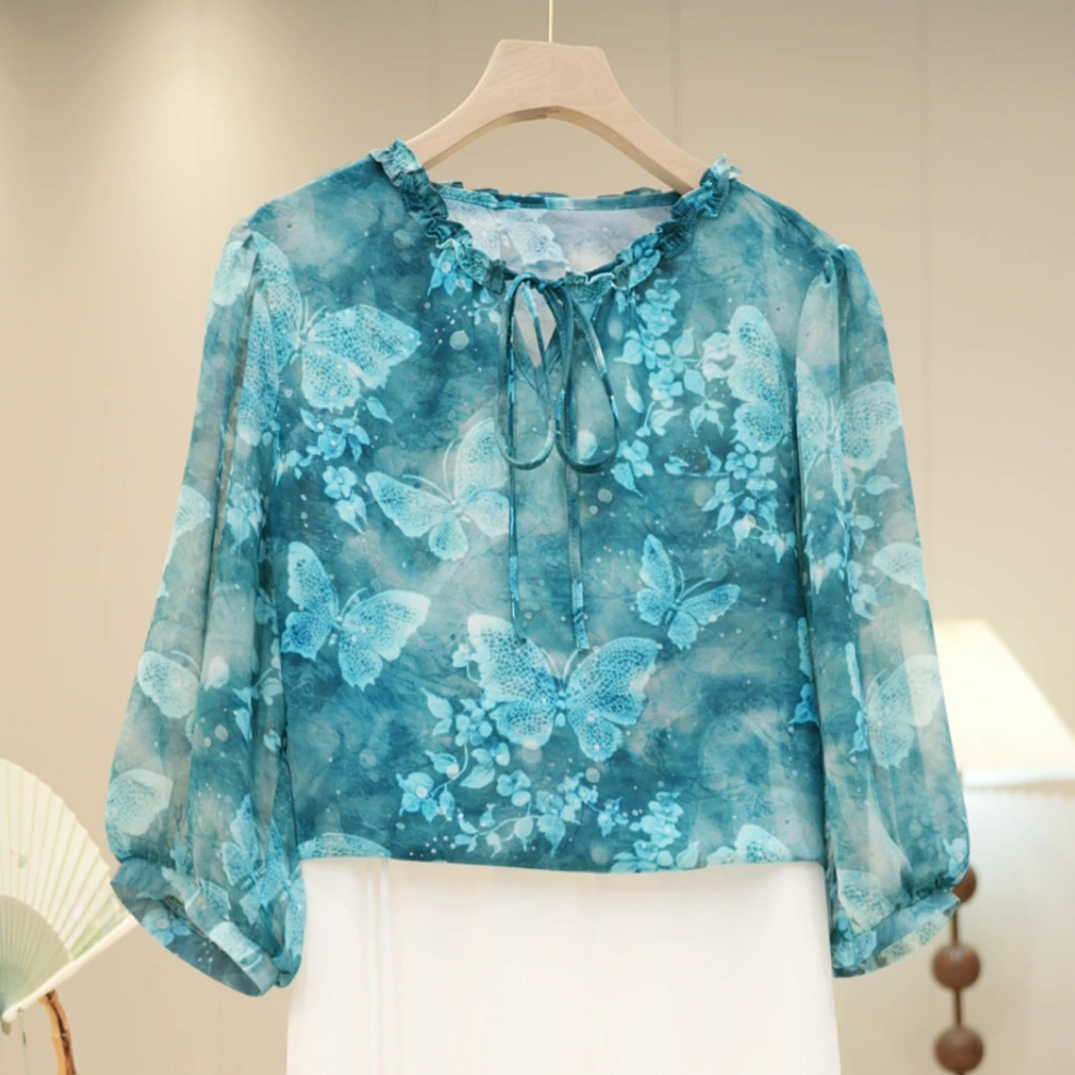 【冰蓝蝴蝶】夏季套装新款气质妈妈大码百搭真丝衫