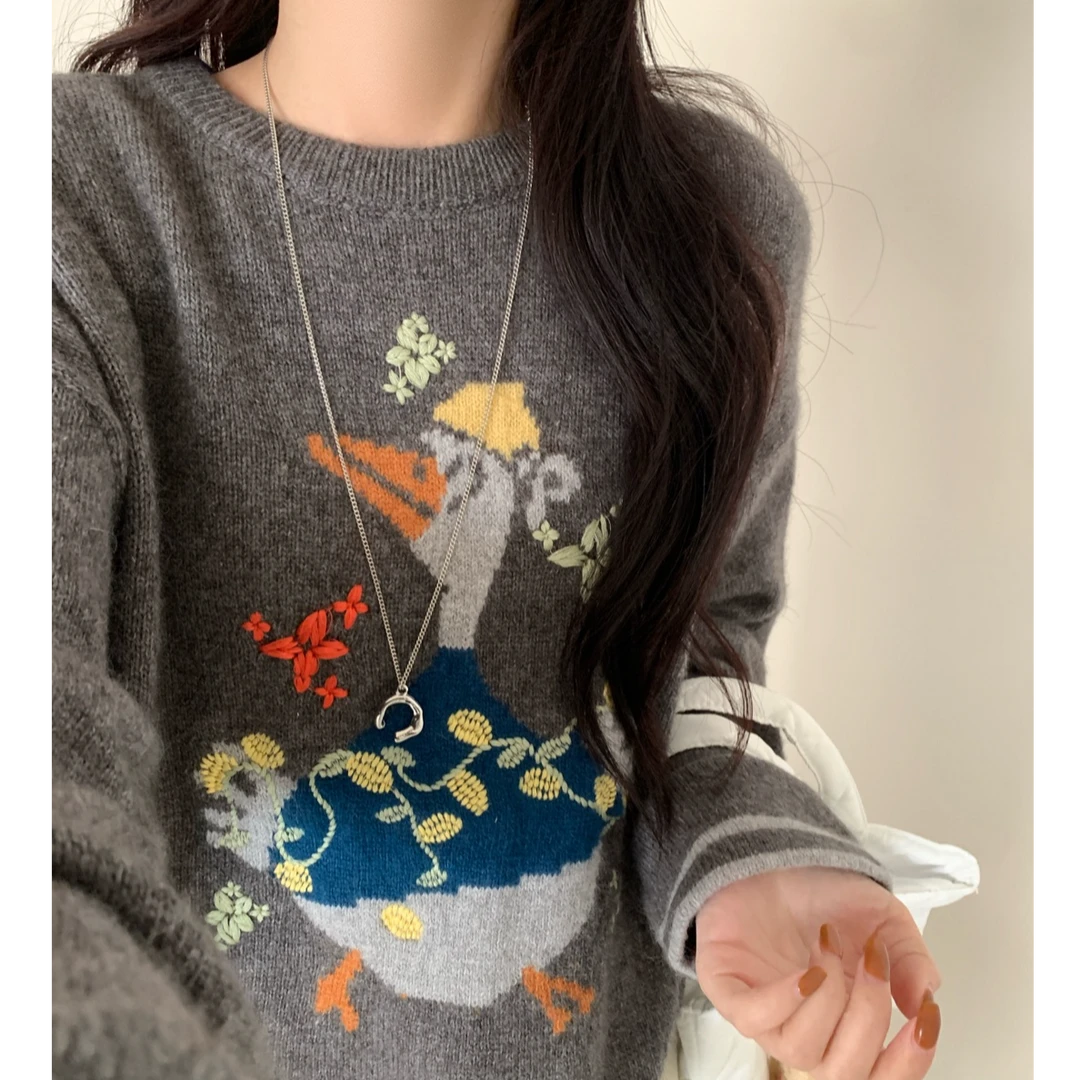 【100%全羊毛 加厚 不可机洗】鸭游记~刺绣减龄全羊毛衫套头女冬