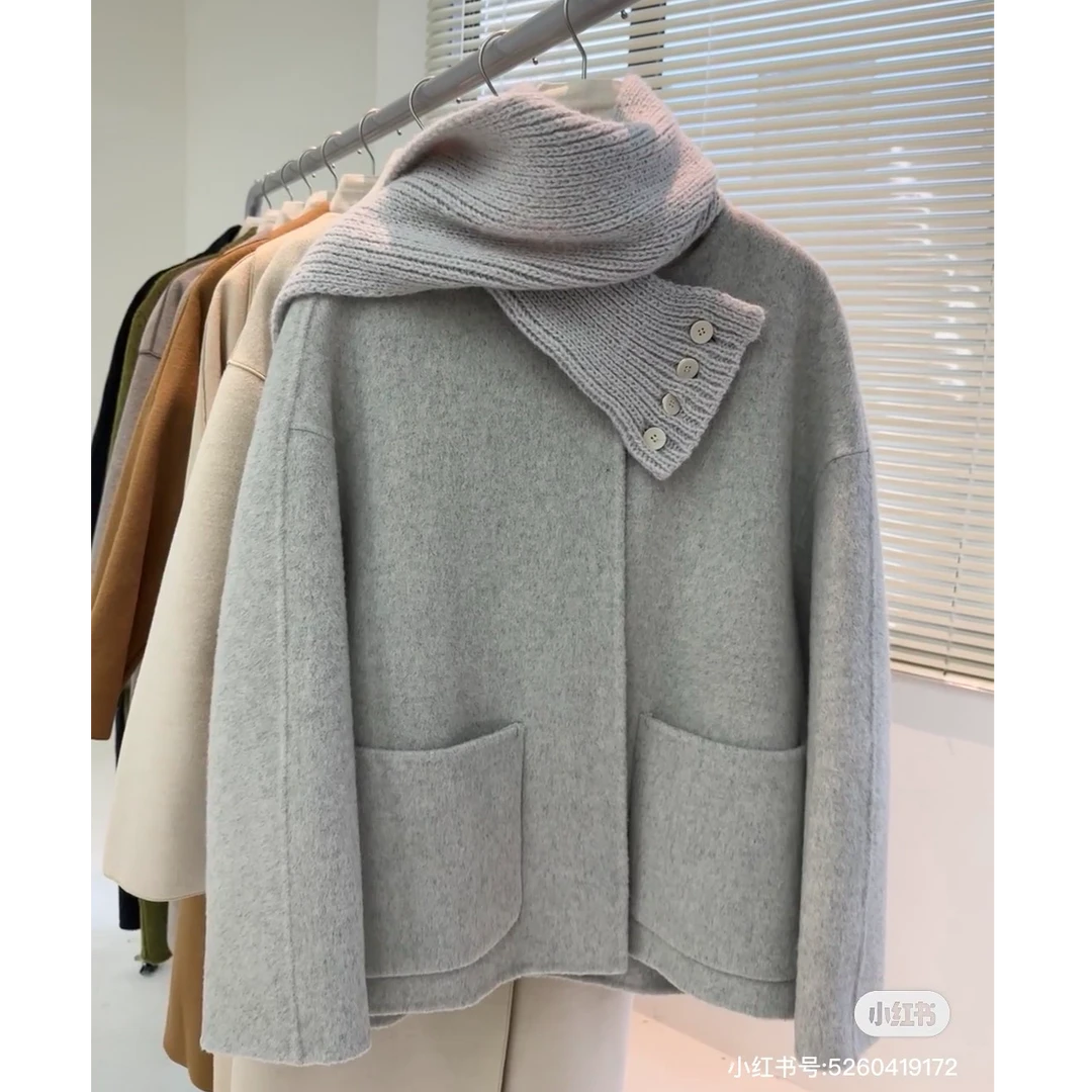 秋冬新款宽松气质双面尼外套韩系带围巾百搭显瘦呢大衣